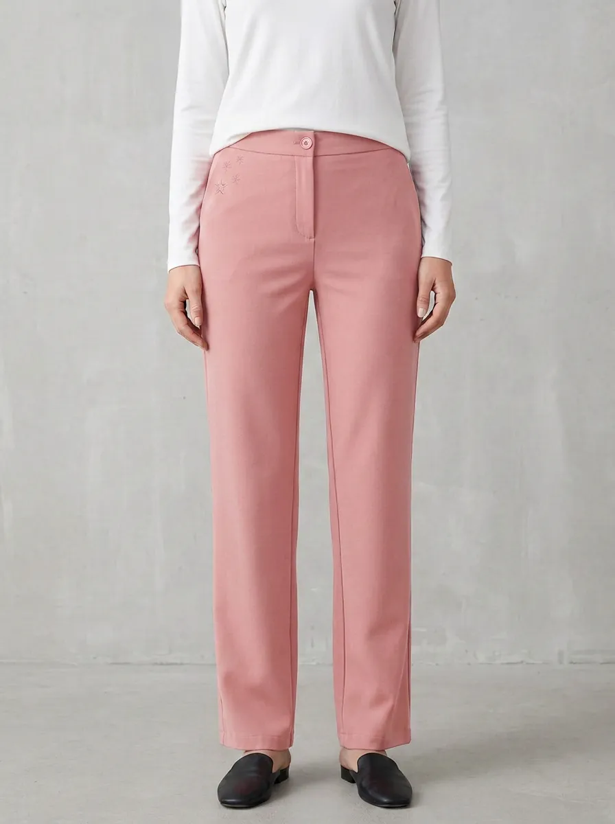 Women's Classic Everyday Star Embroidered Mid Rise Straight Leg Pants
