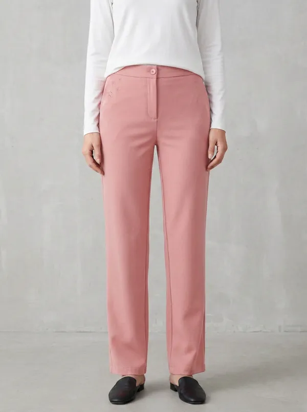 Women's Classic Everyday Star Embroidered Mid Rise Straight Leg Pants