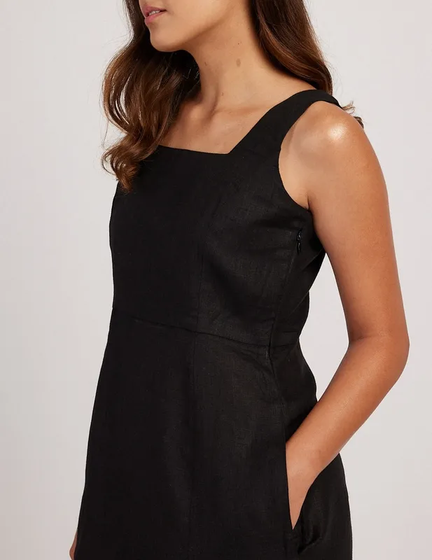 Black Linen Square-Neck Midi Dress