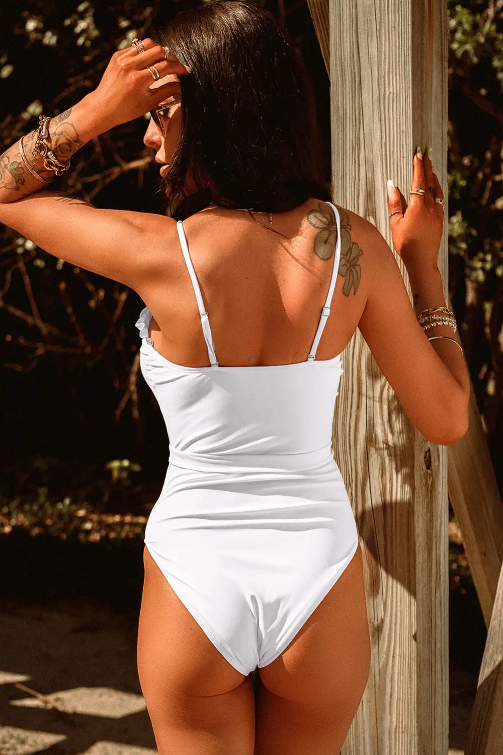 Frill Neck Waist Sash Spaghetti Straps One-piece Swimwear