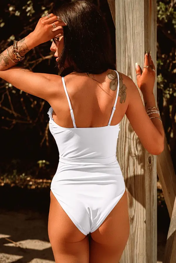 Frill Neck Waist Sash Spaghetti Straps One-piece Swimwear