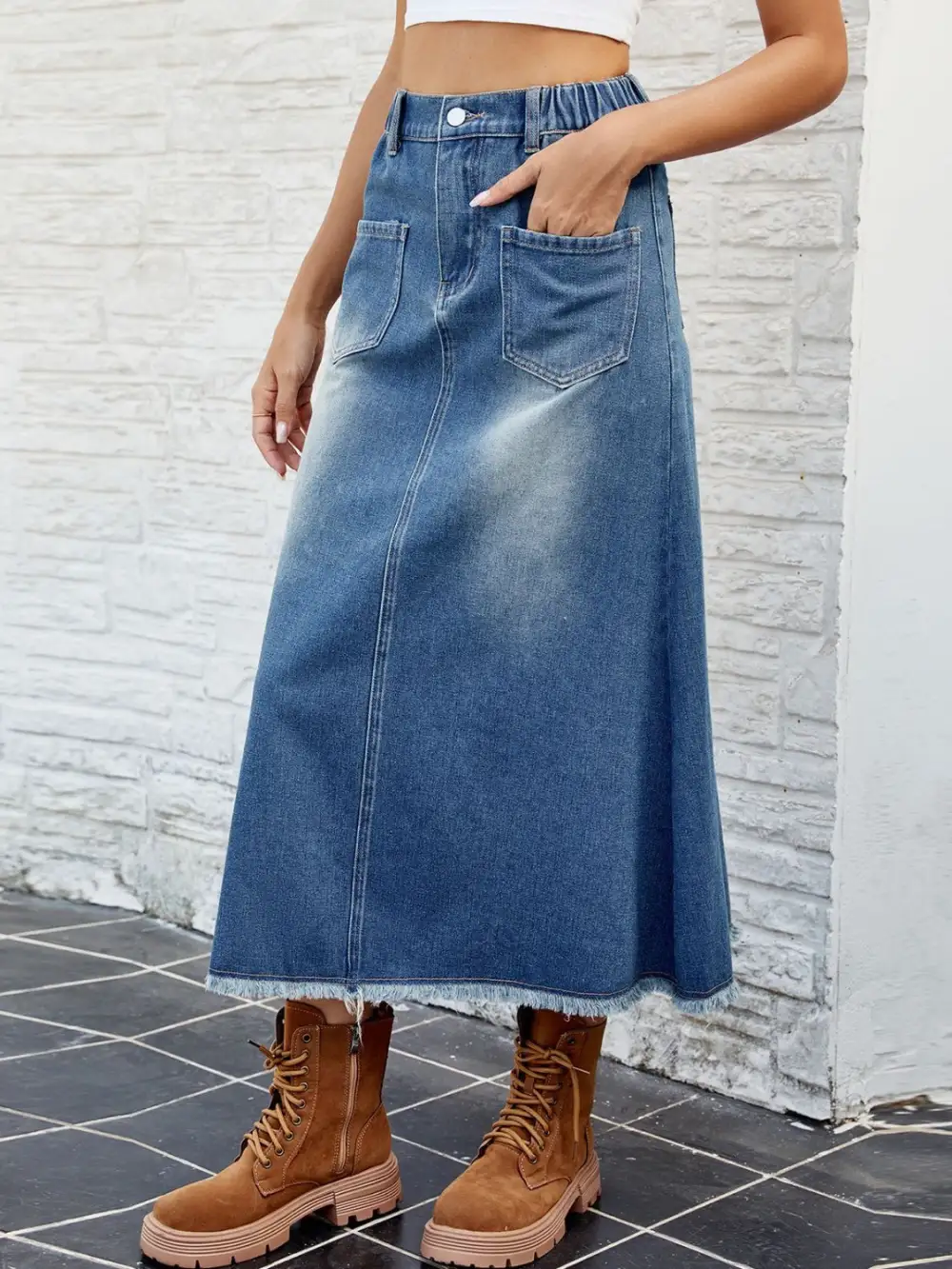 Casual Button Front Denim Detail Skirt