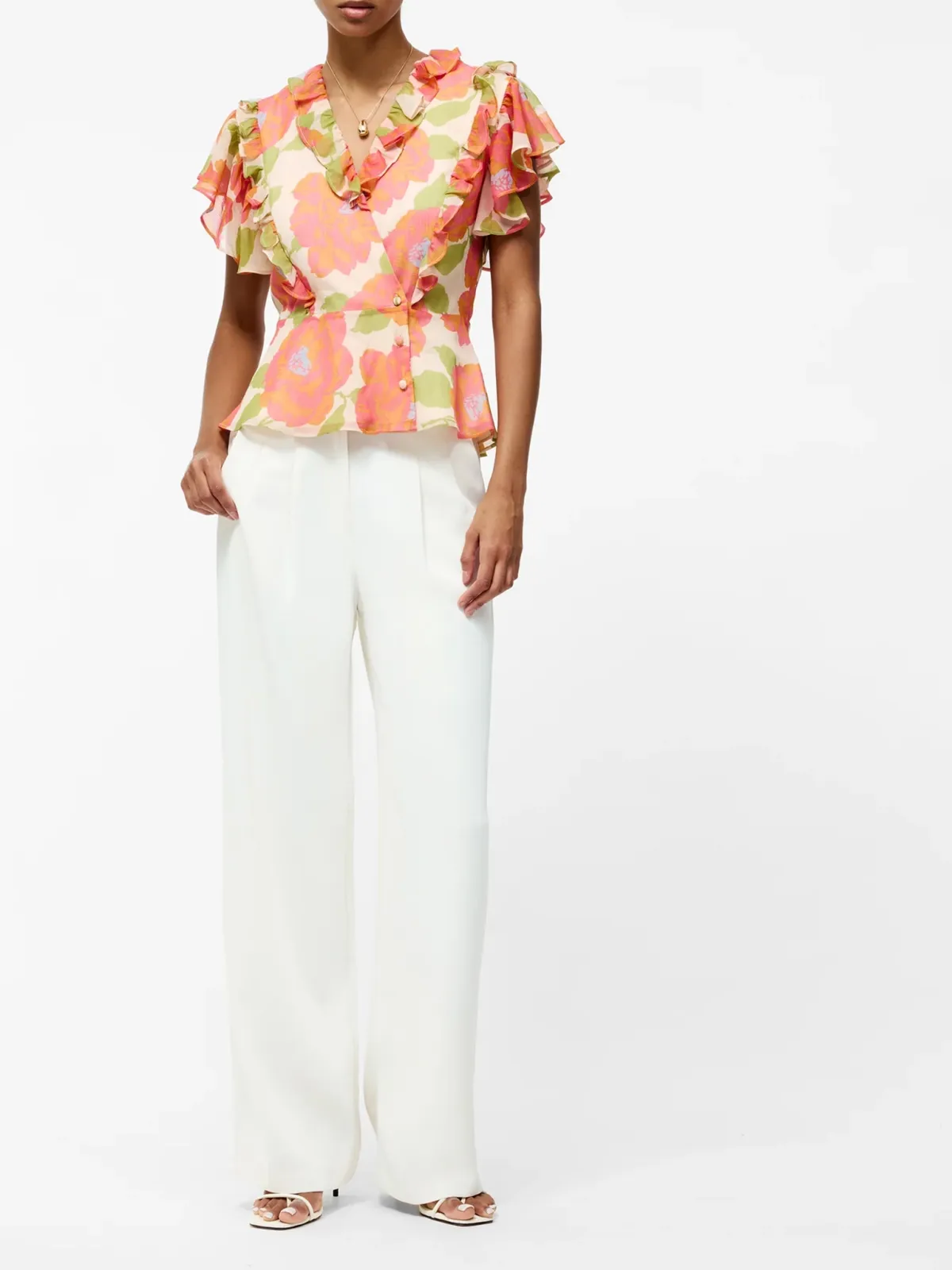 Breathable V-Neck Cropped Top With Ruffled Sleeves