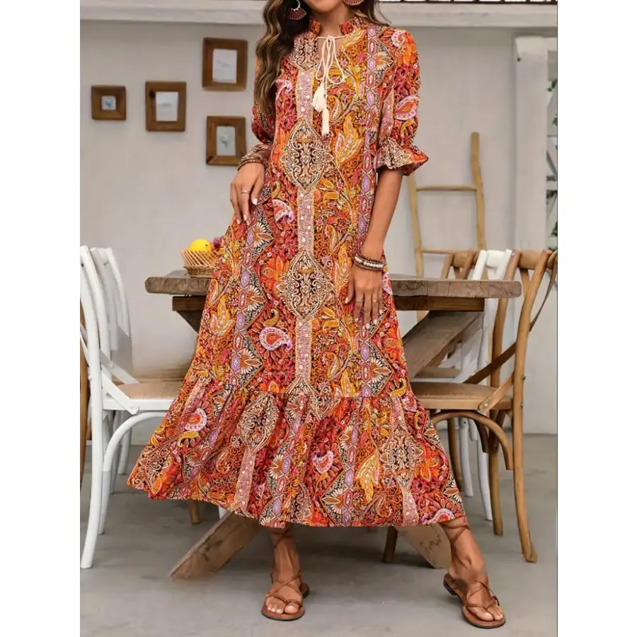 Tie Neck Flounce Sleeve Midi Dress