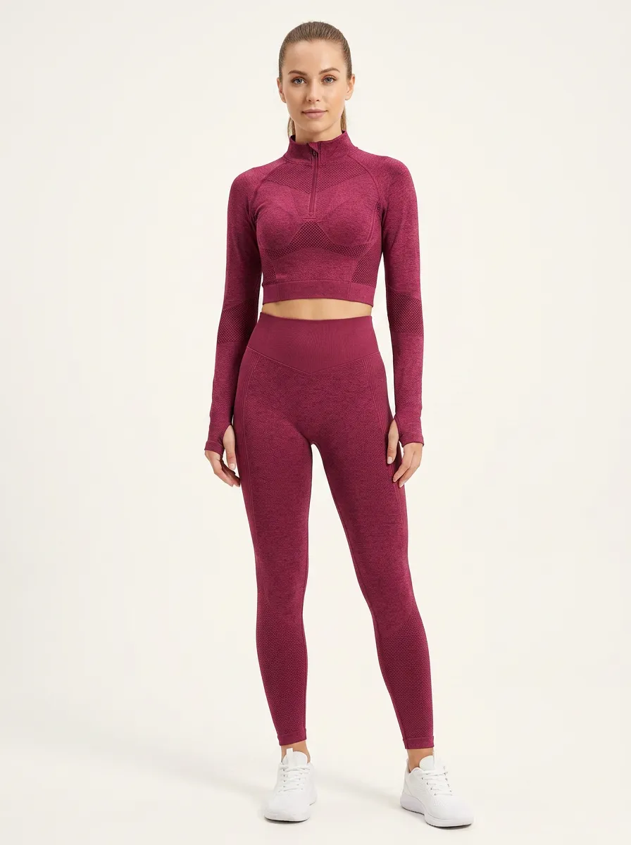 Women's Burgundy Seamless Gym Half-Zip Crop Top Leggings Set