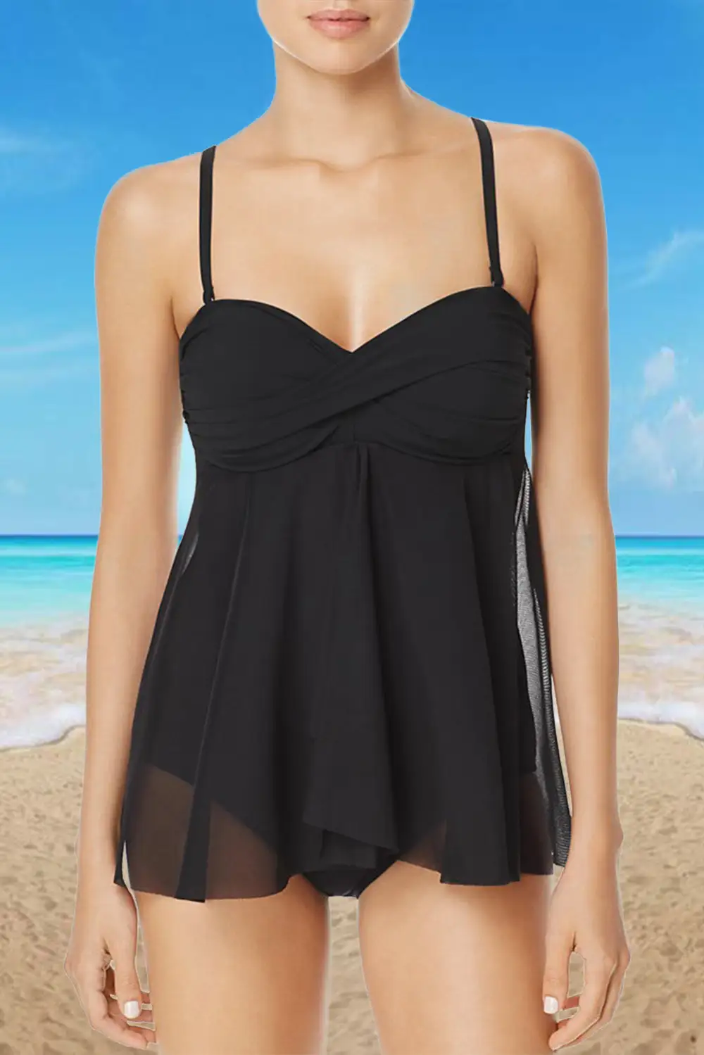 Swimwear Sheer Flyaway Mesh Overlay Teddy Tankini Set