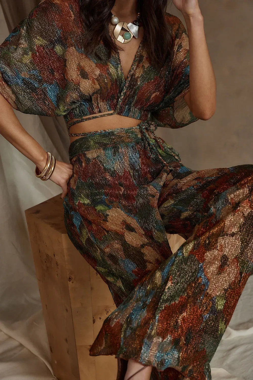 Multicolor Metallic Floral Crop Top