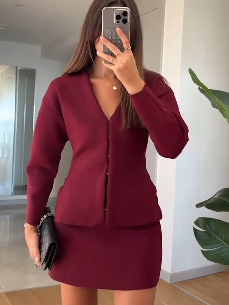 V-Neck Knit Cardigan Set