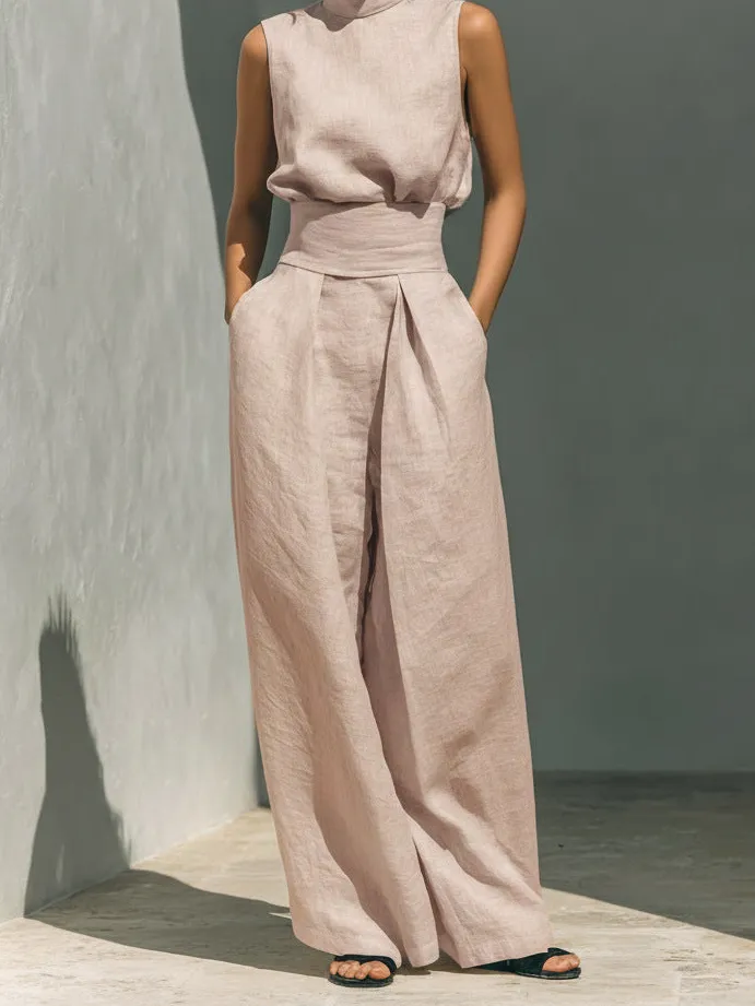 Classic Wide-Leg Sleeveless Linen Women's Matching Set