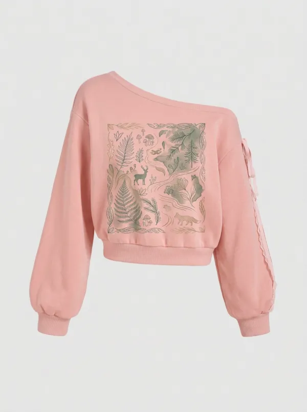 Women's Forest Nature Lover Deer Fox Fern Printed Off-shoulder Sweatshirt