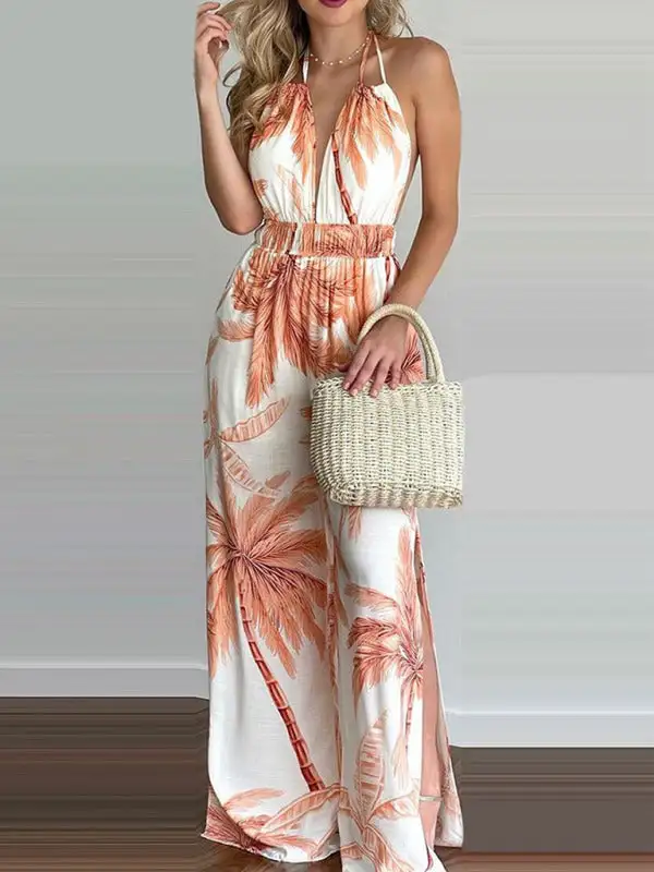 Irregular Printed Halter Neck Jumpsuit