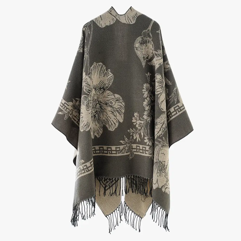 Lightweight Jacquard Floral Poncho Wrap