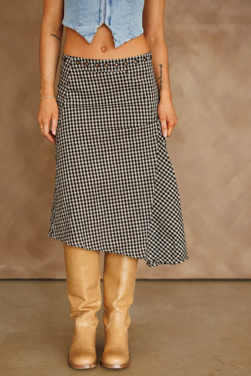 Linen Gingham Asymmetrical Skirt