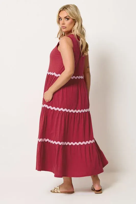 Red Swirl Trim Tiered Maxi Dress