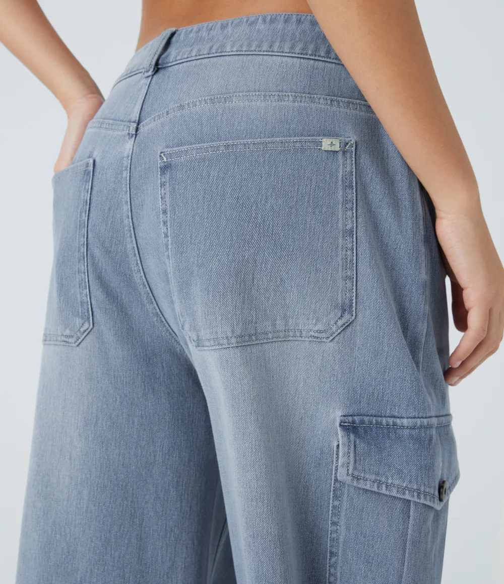 Magic Low Rise Multiple Pockets Stretchy Knit Casual Wide Leg Cargo Jeans