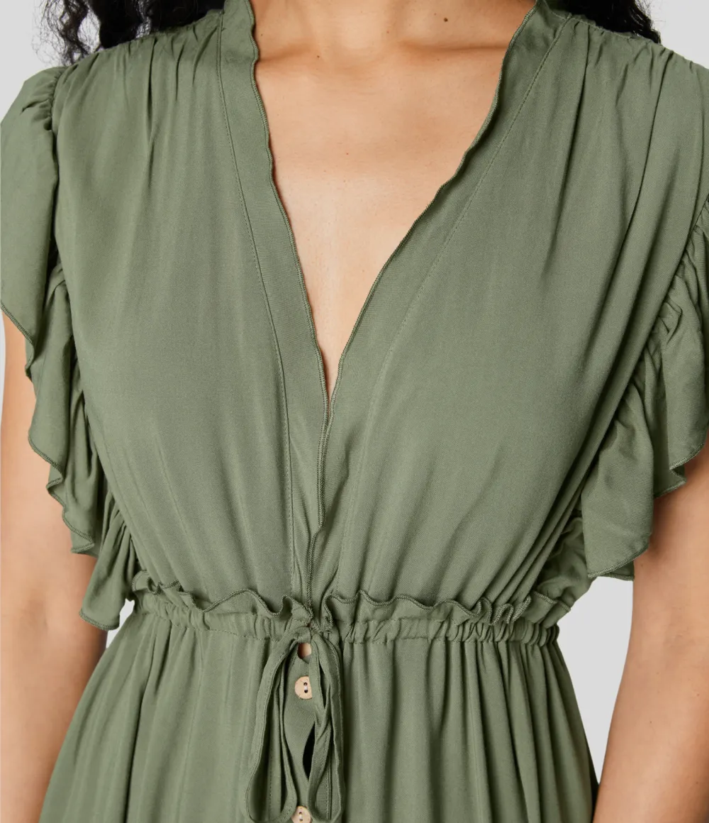 Deep V Neck Butterfly Sleeve Backless Drawstring Button Side Pocket Flowy Maxi Casual Dress