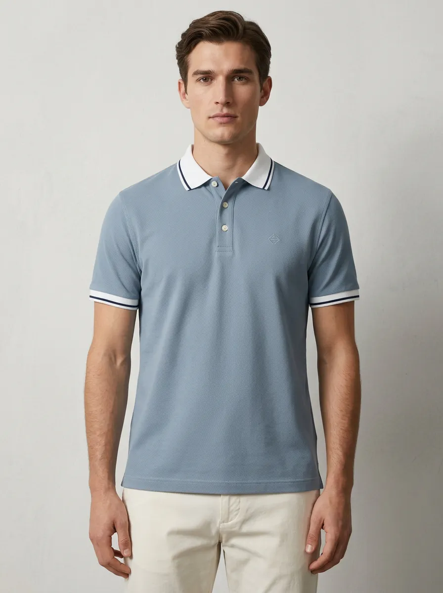 Men's Dusty Blue White Navy Tipped Polo Shirt