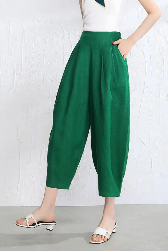 Contemporary Linen Wide Leg Elastic Waist Pocketed Trousers