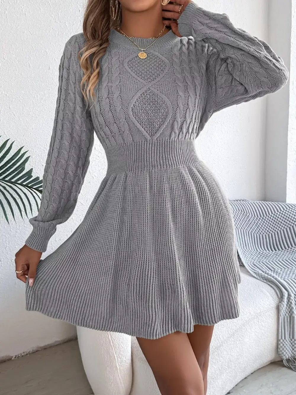 Gathered Detail Knit Long Sleeve Sweater Dress