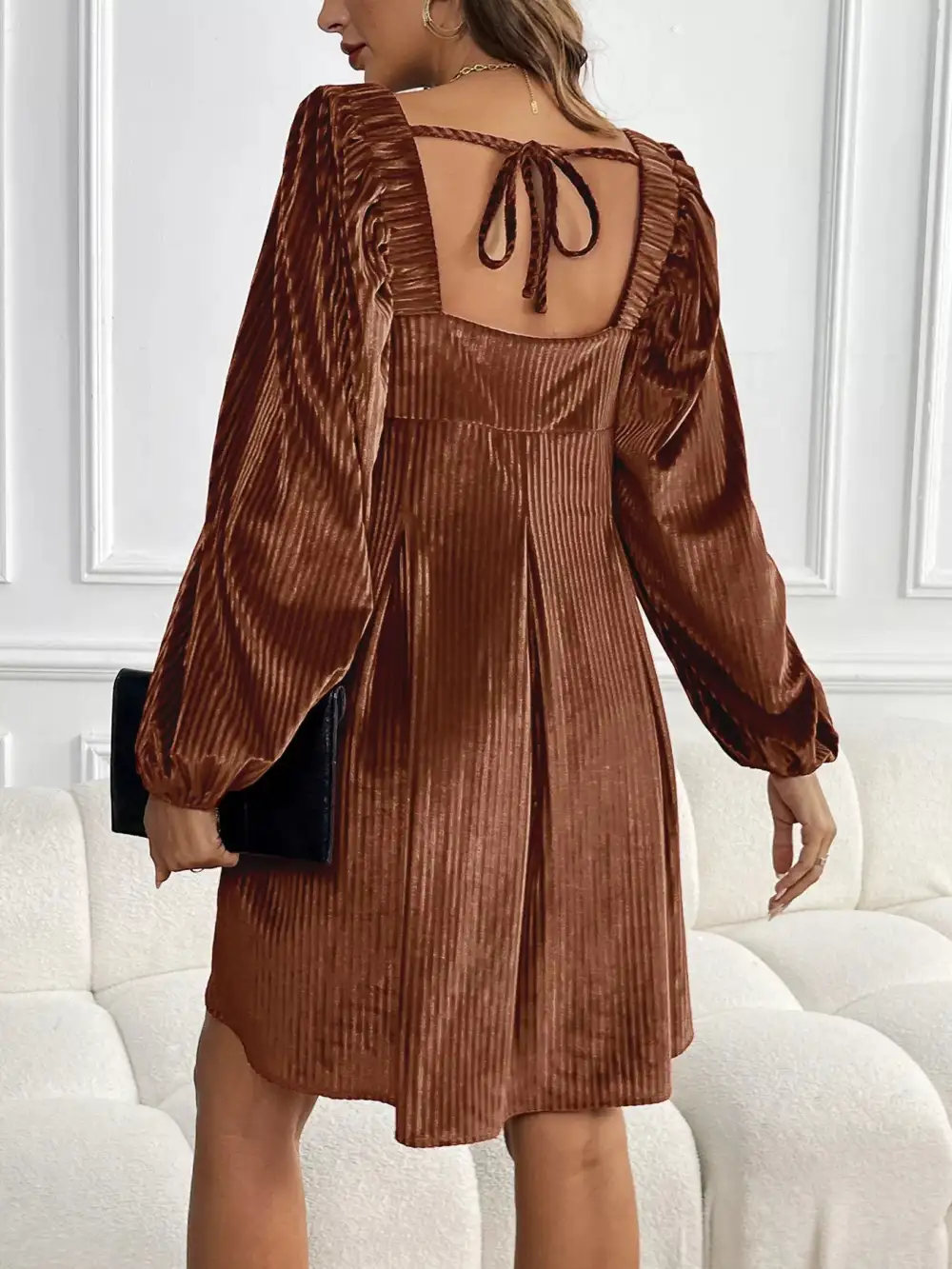 Soft Touch Velvet Square Neck Long Sleeve Dress