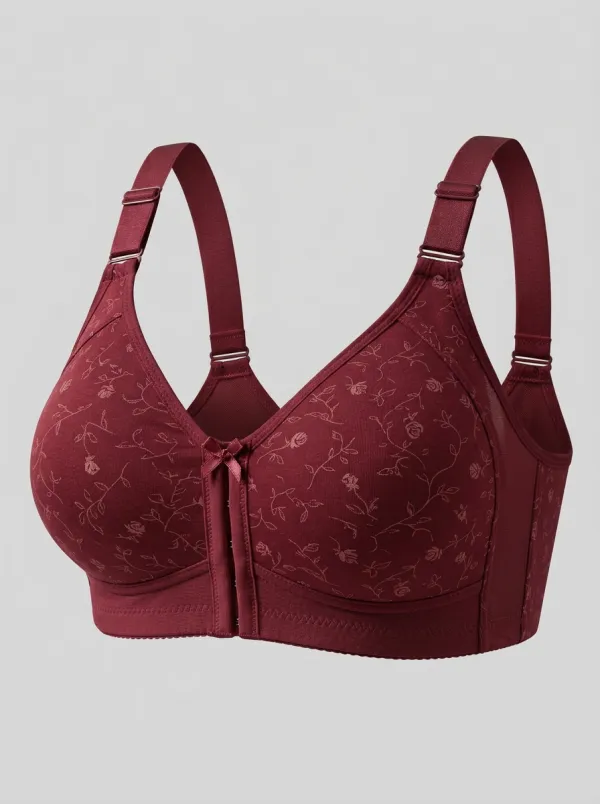 Women's Plus Size Off-White Rose Floral Front-Closure Full-Coverage Wireless Bra