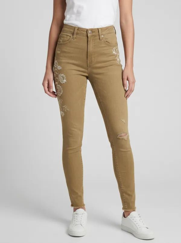 Women's Summit Floral Embroidery Distressed Printed Slim Jeans