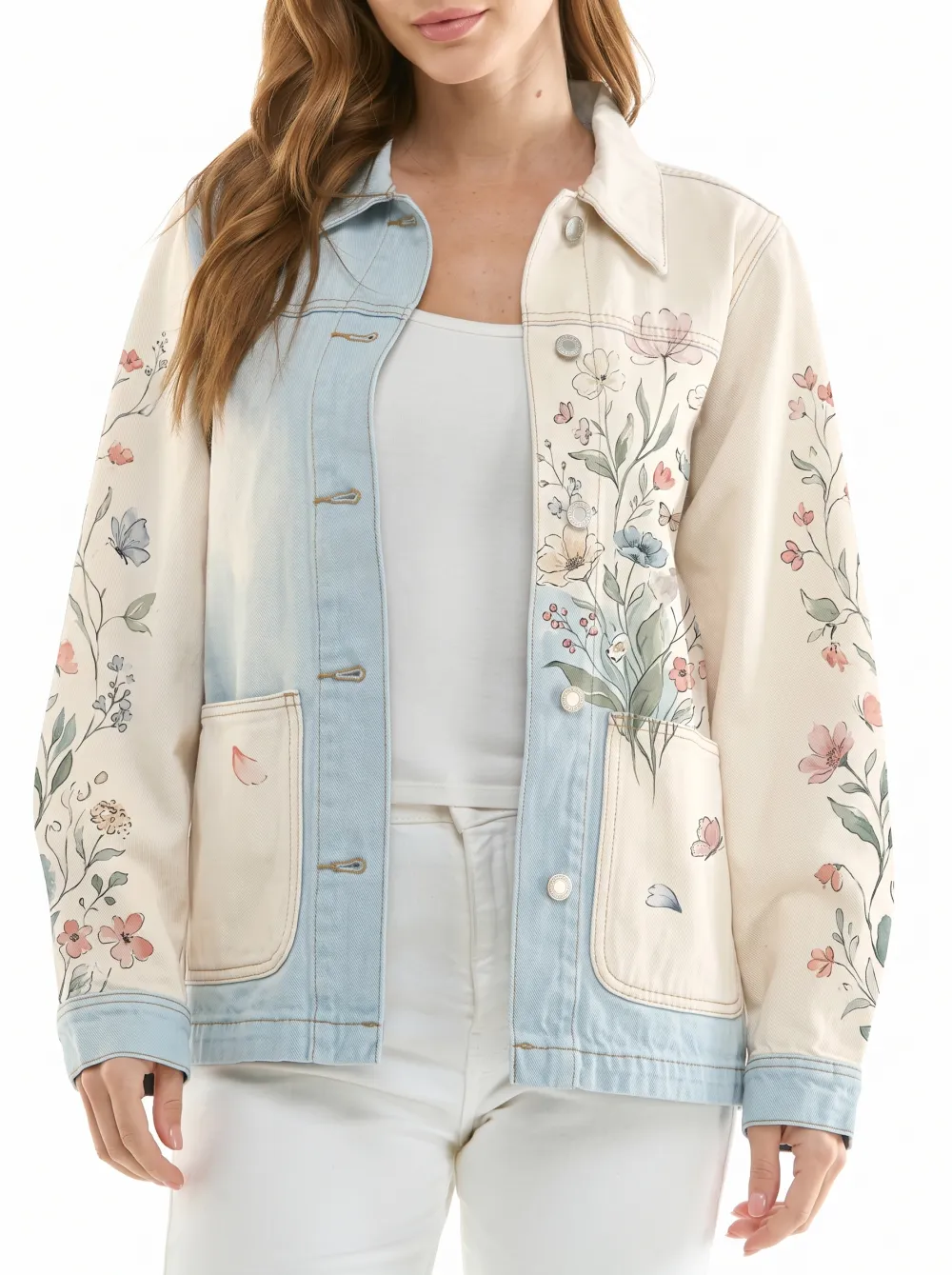 Women's Colorblock Floral Botanical Art Denim Jacket