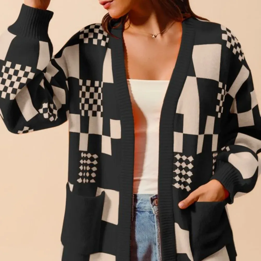 Open Front Checkered Pocket Detail Knit Cardigan