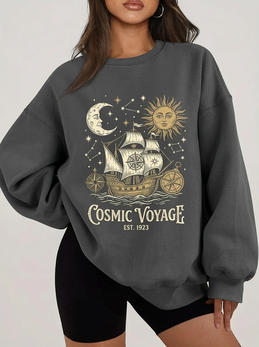 Women's Cosmic Voyage Celestial Ship Graphic Sweatshirt