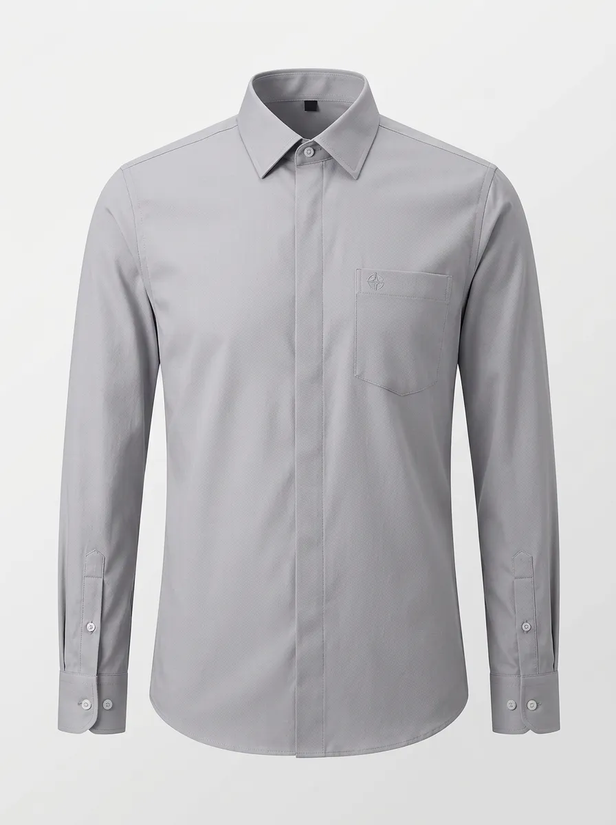 Men's Non-Iron Cotton Gray Compass Embroidered Accent Long Sleeve Shirt