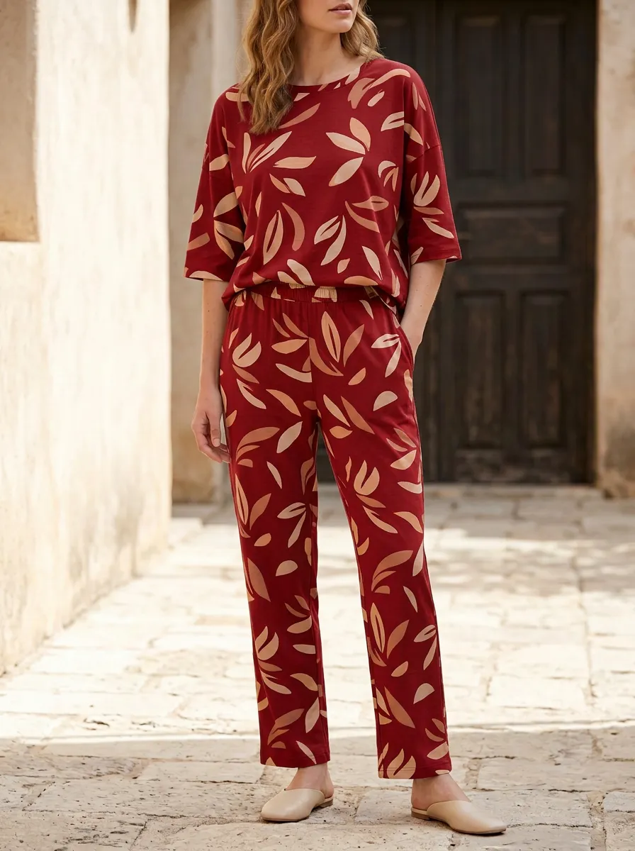 Women's Botanical Leaf Print Boxy Top And Straight-Leg Trouser Lounge Set