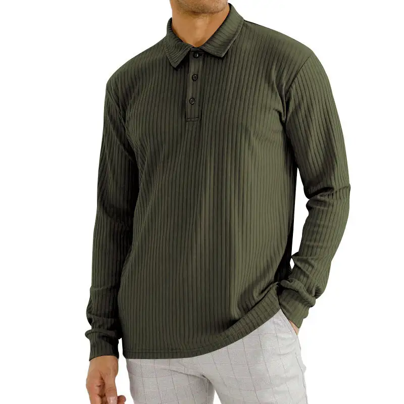 Ribbed Elastic Hem Long Sleeve Polo Shirt