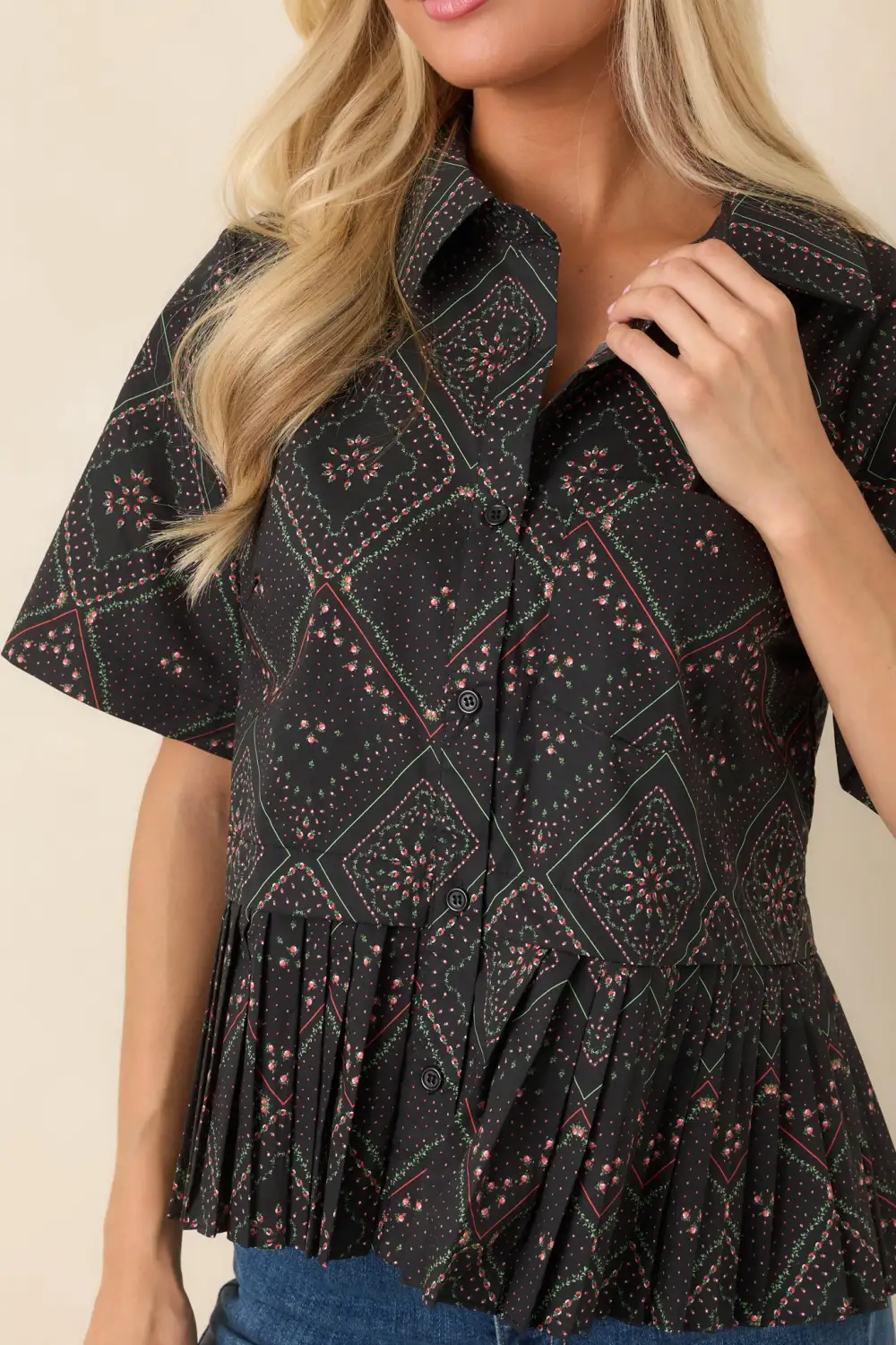Button-Front Short-Sleeve Collared Peplum Blouse