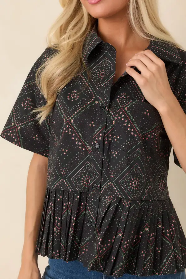 Button-Front Short-Sleeve Collared Peplum Blouse