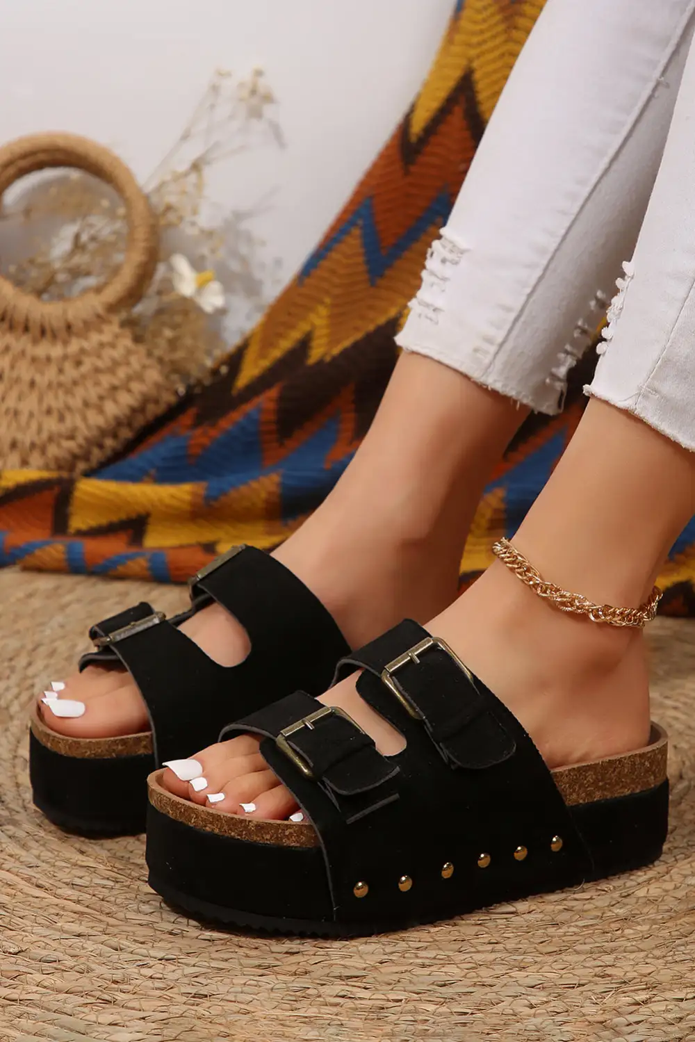 Suede Buckle Decor Footbed Sandals Slide Slippers Casual
