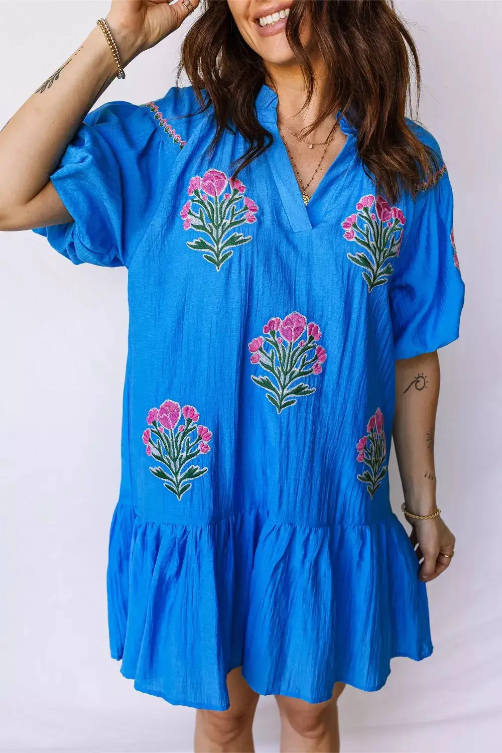 Floral Embroidered Split Neck Dress Casual