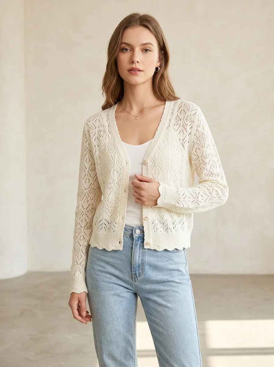 Women's Casual Cream Crochet Knit Button Up Cardigan