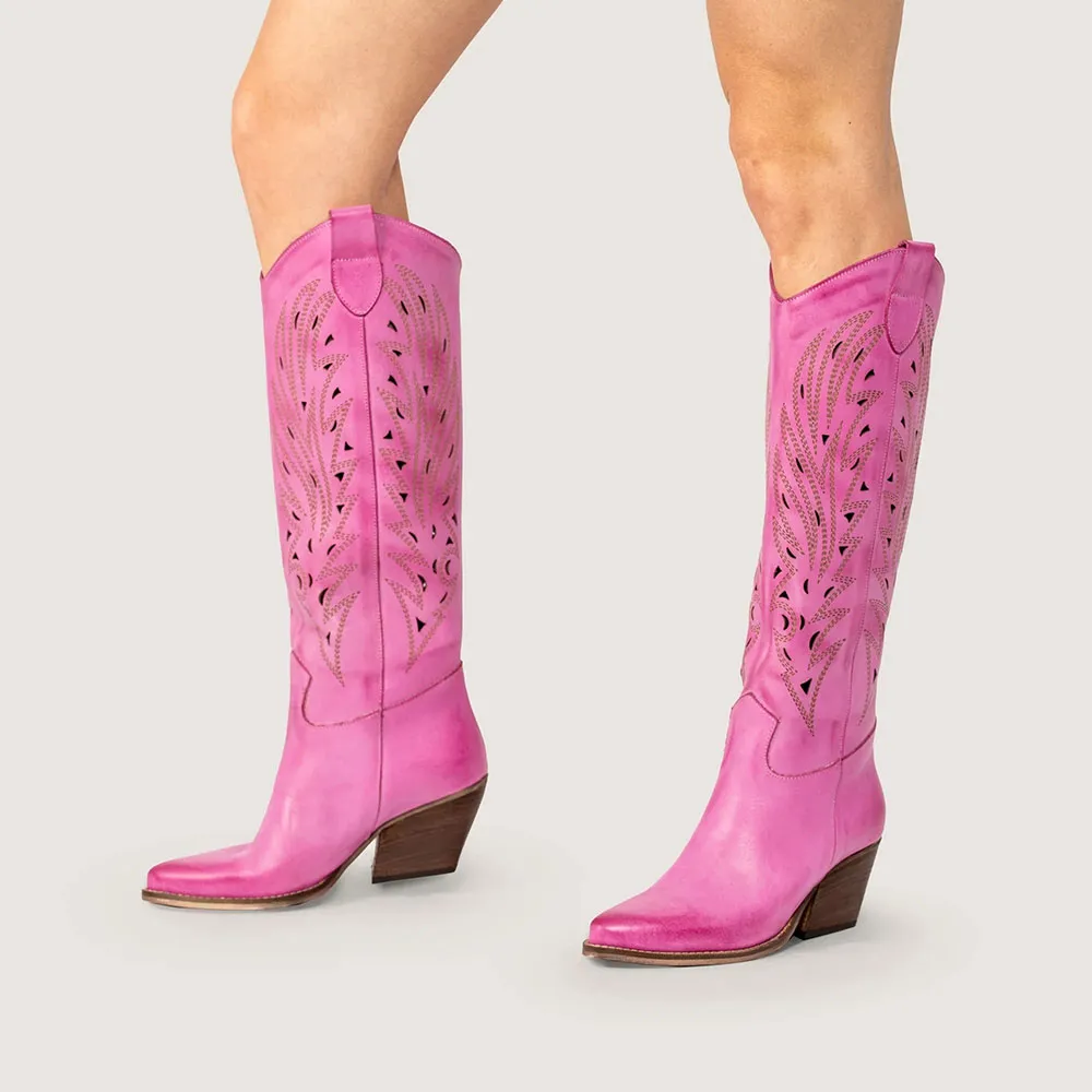 Faux-Leather Distressed Embroidered Snip-Toe Knee-High Boots