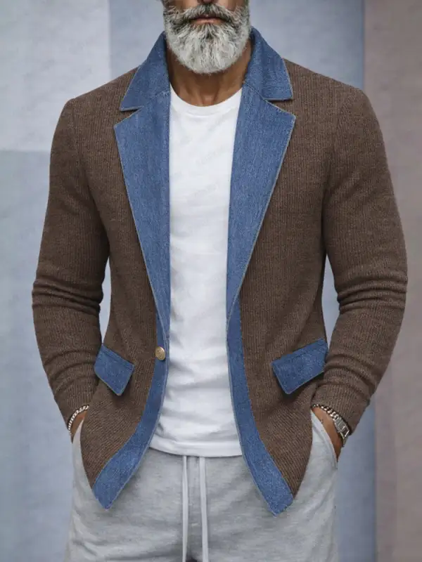 Cool Stylish Contrast Denim Panel Knit Blazer Jacket