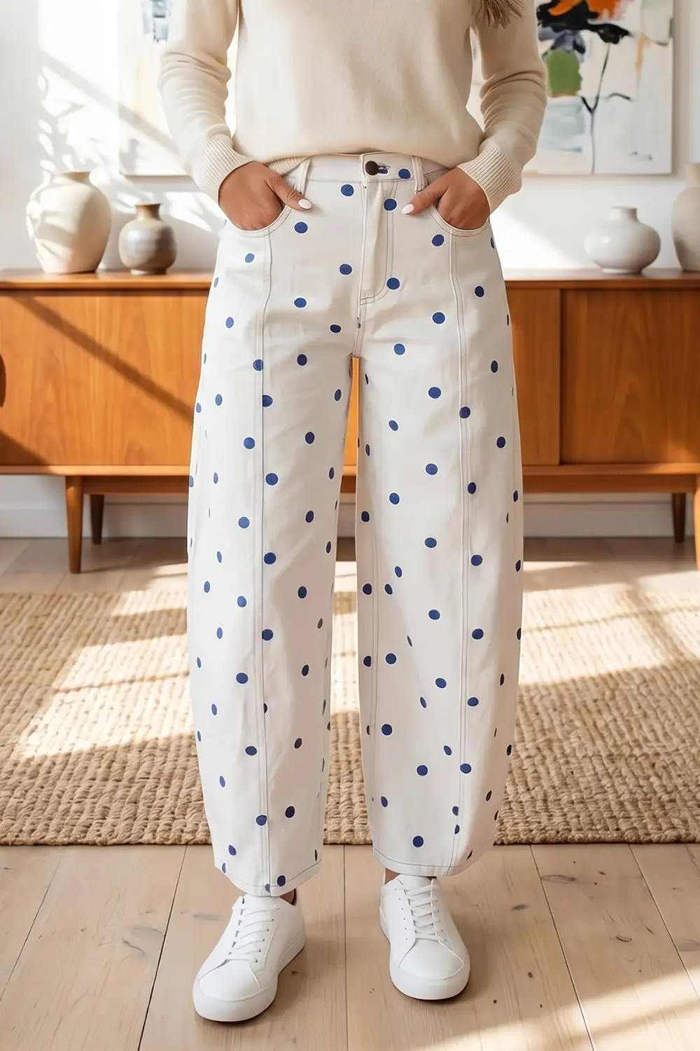 Polka Dot Relaxed Fit Barrel Leg Cropped Casual Jeans