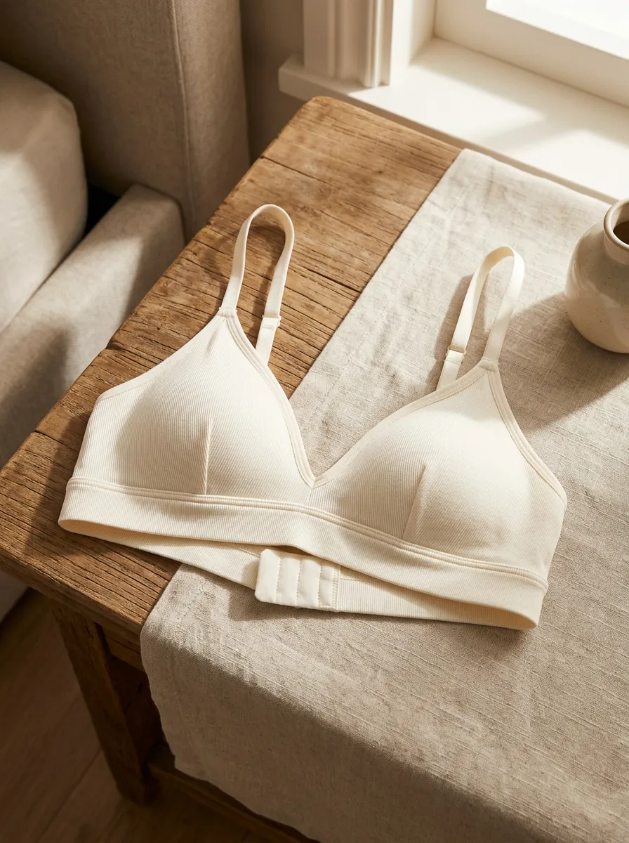 Women's Minimalist Beige Ribbed Wireless Bralette