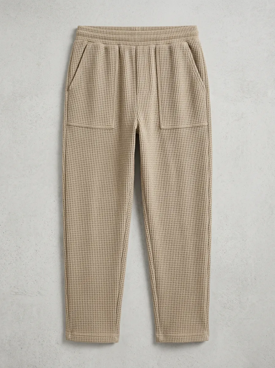 Casual Unisex Casual Beige Waffle Knit Elastic Waist Jogger Pants