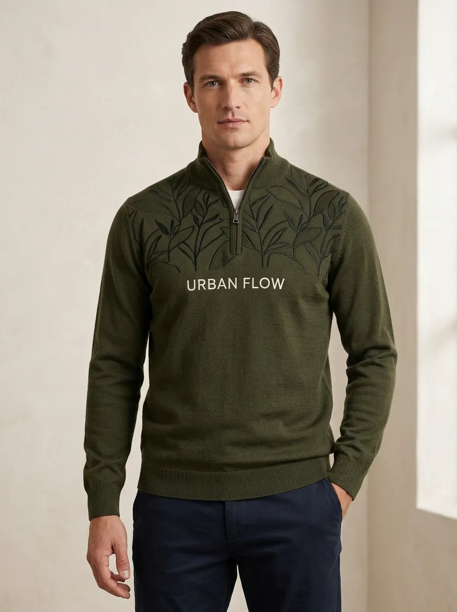 Casual Half-Zip Leaf-Pattern Embroidered Men's Half-Zip Sweatshirt