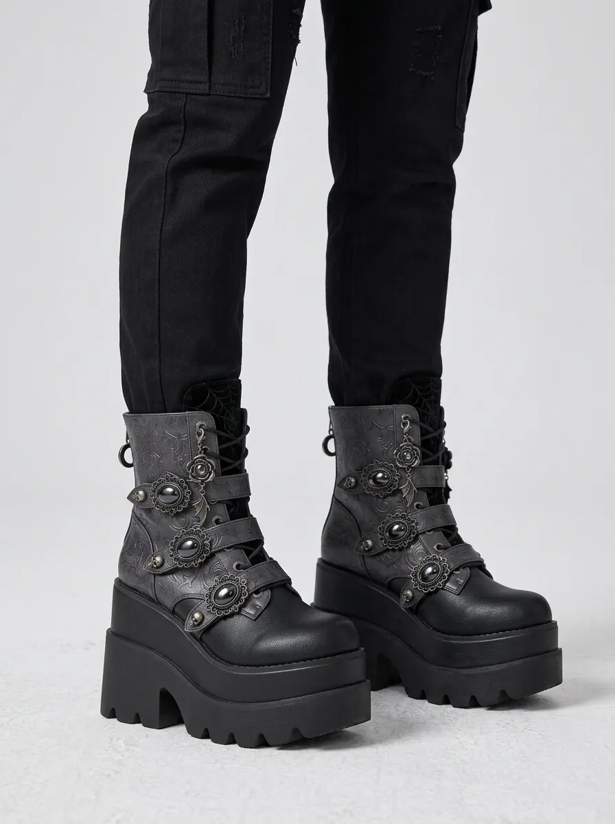 Dark Skull Rose Gemstone Silhouette Women's Gothic Platform Boots