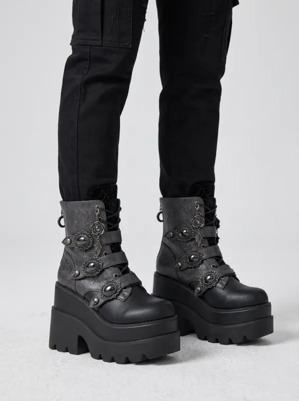 Dark Skull Rose Gemstone Silhouette Women's Gothic Platform Boots