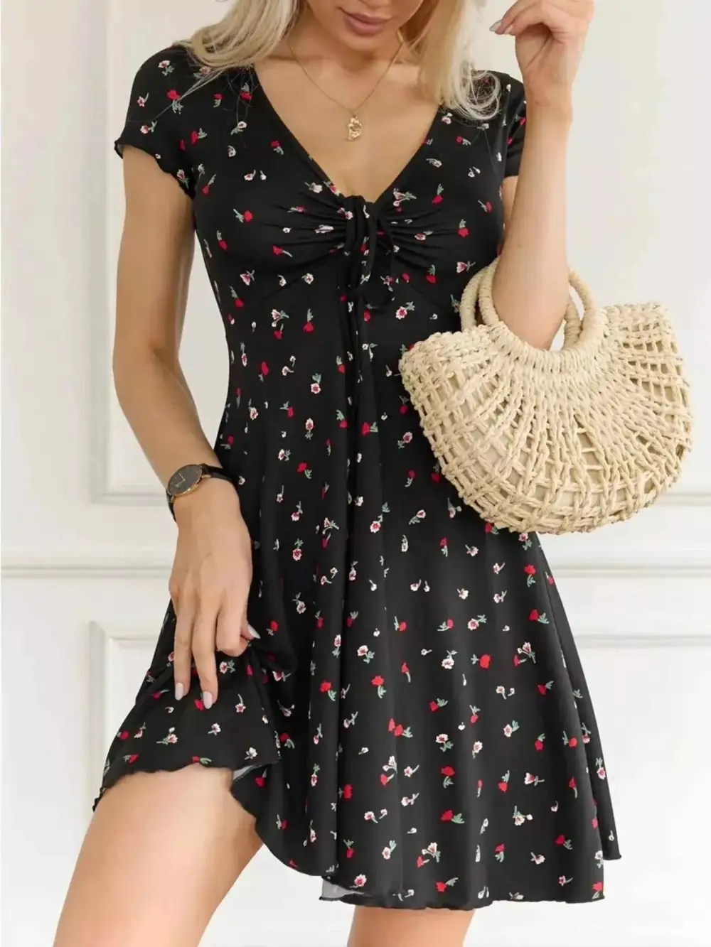 Plus Size Tie Front V-Neck Mini Dress