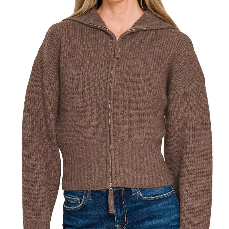 Zip Up Ribbed Knit Cardigan