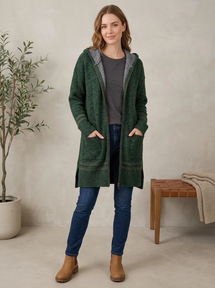 Women's Casual Green Hooded Zip-Up Knitted Cardigan