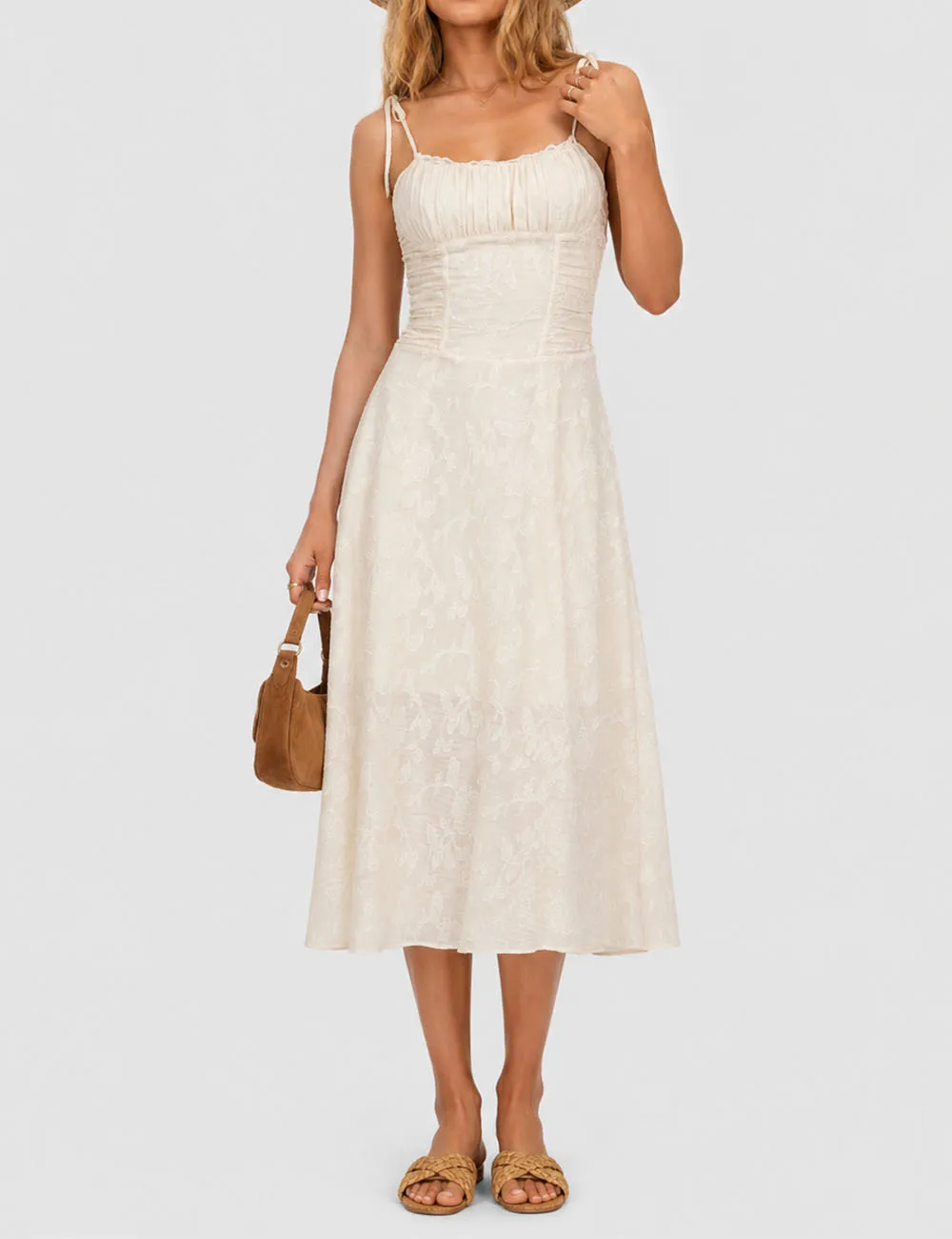 Romantic Jacquard Ruched Strap Cami Midi Dress