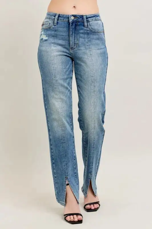 High-Waist Distressed Vintage-Wash Front-Seam Straight Leg Jeans